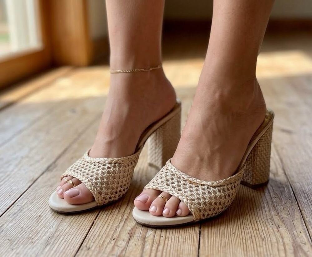 Antonio Melani x The Nat Note Woven Raffia Mesh Block Heel Mules Size 7.5M